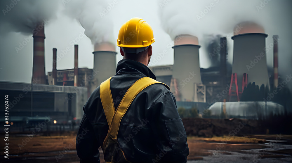Generative ai illustration of unrecognizable man looking at factory in fume