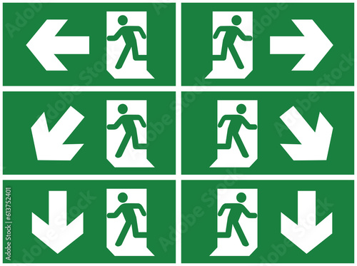 Foto set of emergency fire exit sign with running man icon to door