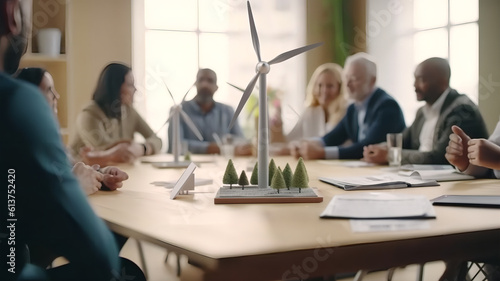 Generative ai illustration of group of people sitting around a table with wind turbine standing on it