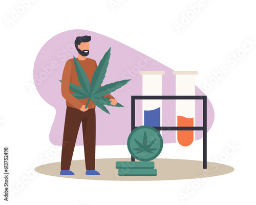 Cartoon faceless man growing cannabis for medical use. Supporting legality of cannabis. Marijuana products cultivation and legalization business. Vector flat style illustration