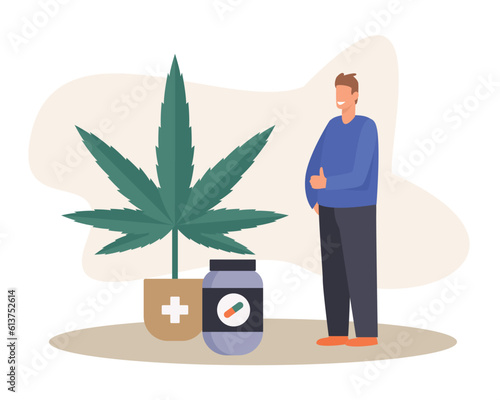 Smiling faceless guy takes medical marijuana pills. Supporting legality of cannabis for medical and recreational use. Marijuana products cultivation and distribution. Vector