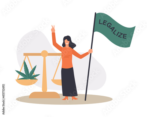 Cartoon girl holding legalization flag and showing peace gesture. Supporting legality of cannabis. Marijuana products cultivation and legalization business. Vector