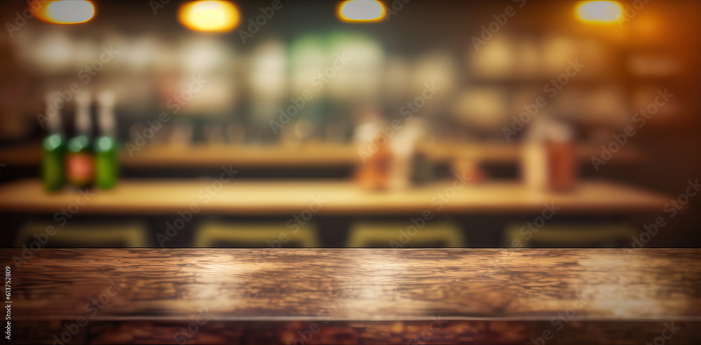Empty the top of wooden table with blurred counter bar