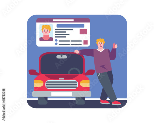 Young happy man standing near red car, happily showing driver license. Student passing exam successfully. Getting driving license concept. Vector flat illustration in blue colors