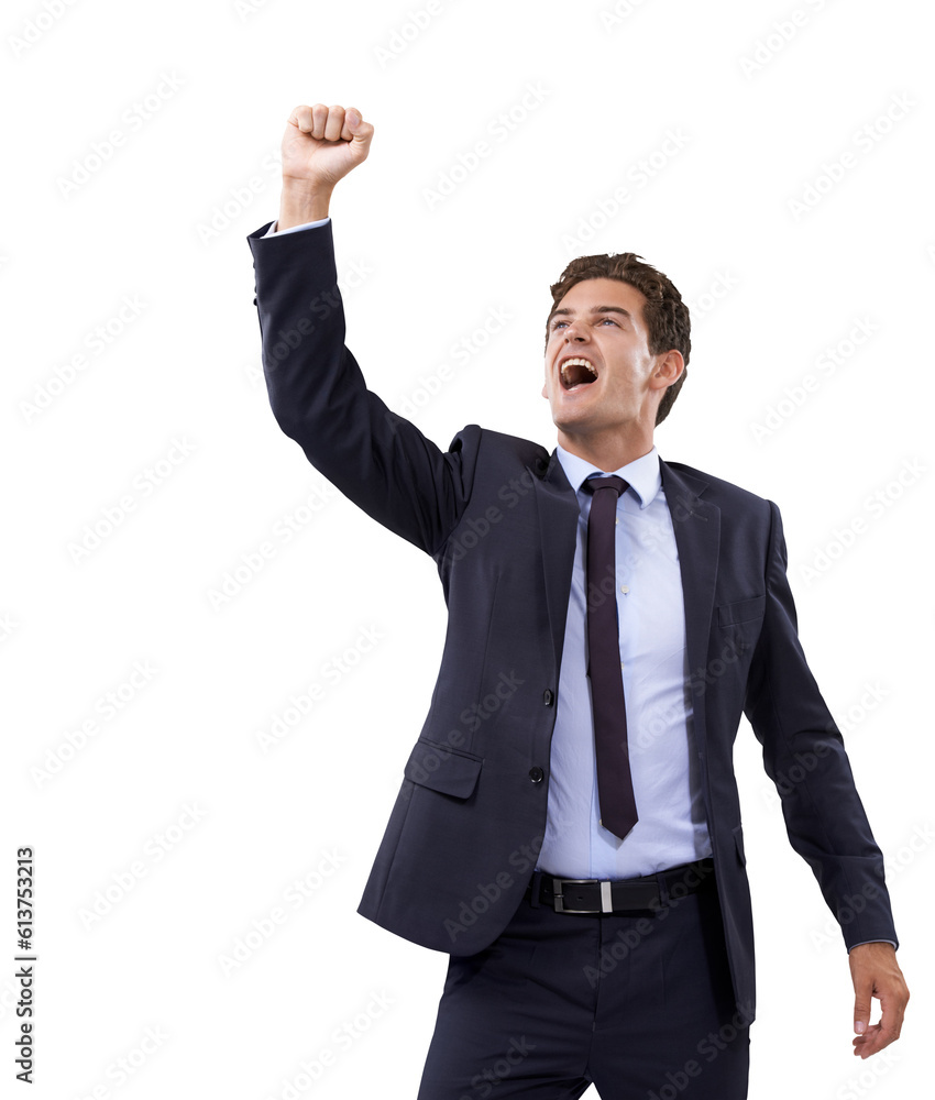 Winner, success and motivation with a business man isolated on a transparent background in celebration. Wow, happy and fist with a male employee in a suit cheering in victory or triumph on PNG