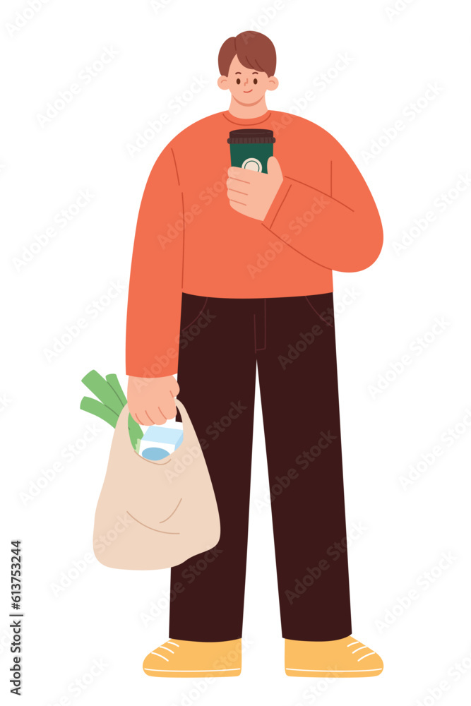Young man holding a reusable coffee tumbler and using eco bag. Eco friendly and Zero waste concept. Save the planet. Earth day. Flat cartoon style vector illustration isolated on white background.