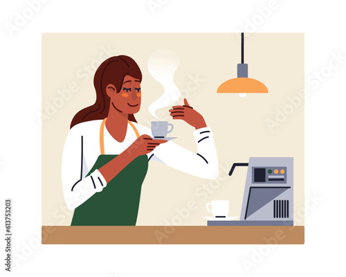 Young lady in apron holding cup of drink and smelling aroma of coffee. Professional coffee shop worker, preparing coffee concept. Small business owners. Vector flat illustration