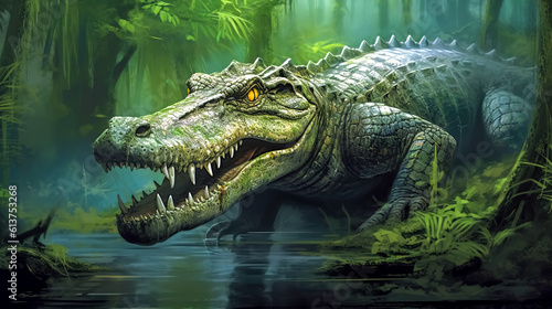 danger reptile  alligator on the river in the jungle  banner  made with Generative AI