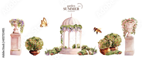 Summer garden set watercolor vector elements design