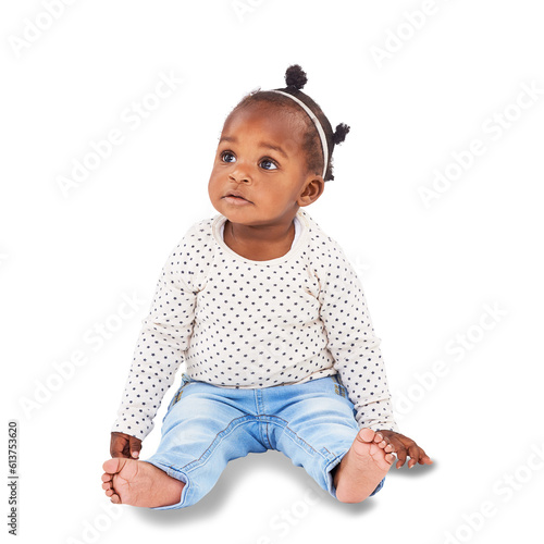 African, children and curious with a girl baby isolated on a transparent background for child development. Kids, adorable and fashion with a cute female infant sitting on PNG in a casual outfit