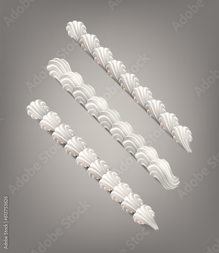 3d realistic vector icon set. Baker cream. Whip cream from piping bag patterns. 