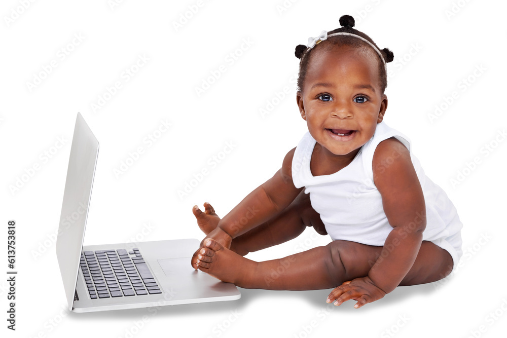 Isolated African baby girl, portrait and laptop for childhood development by transparent png background. Young black kid, infant or toddler with computer, learning and growth with happiness on face Isolated African baby girl, portrait and laptop for childhood development by transparent png background. Young black kid, infant or toddler with computer, learning and growth with happiness on face