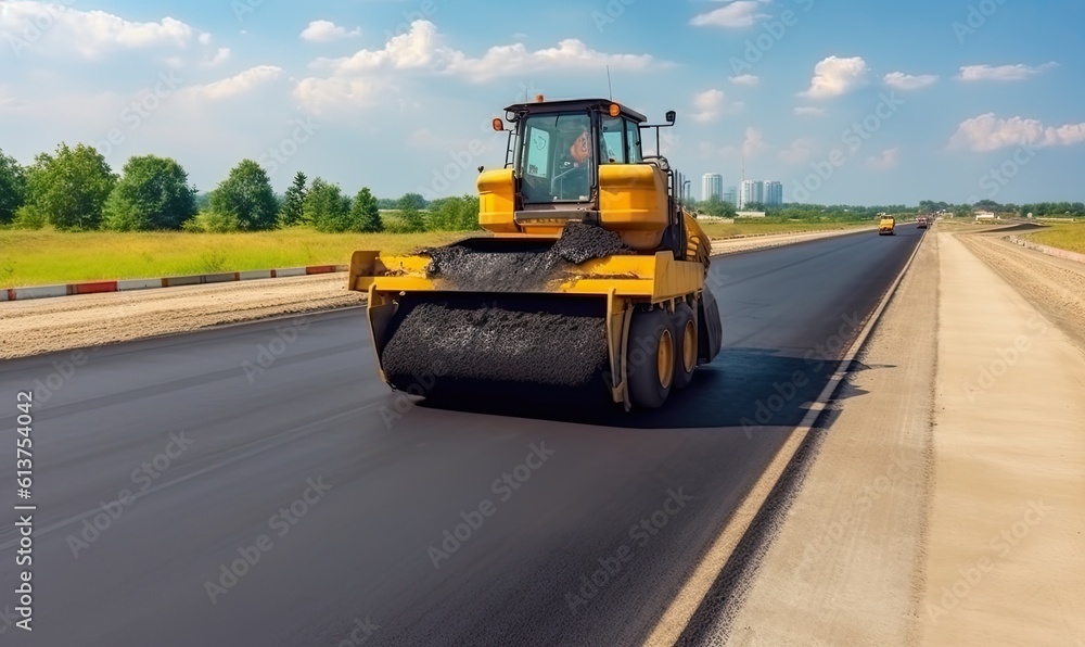 Construction workers using shovels to level new asphalt on road. Creating using generative AI tools Construction workers using shovels to level new asphalt on road. Creating using generative AI tools
