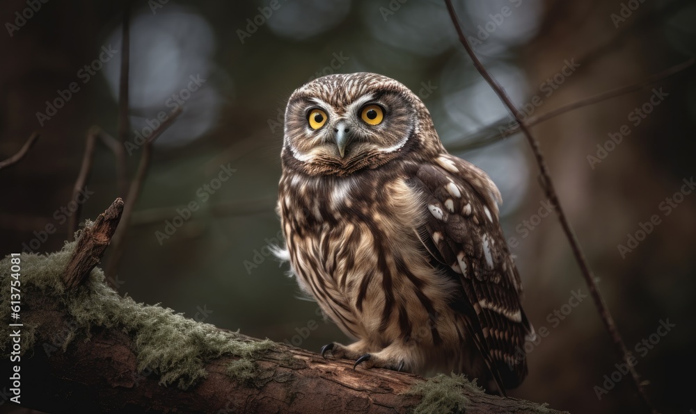 Wise owl with impressive feathers sitting on a tree branch. Creating using generative AI tools Wise owl with impressive feathers sitting on a tree branch. Creating using generative AI tools