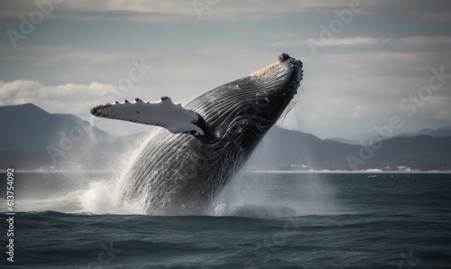 Massive whale soaring through the air in a dramatic display Creating using generative AI tools
