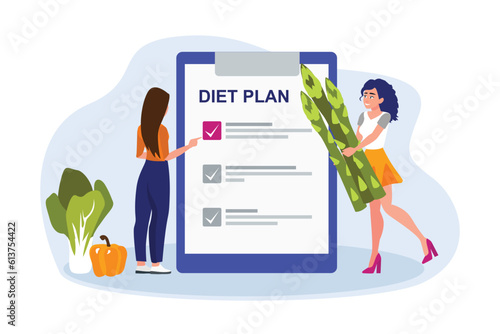 Cartoon smiling girls making diet plan. Diet meal for weight loss. Fresh fruits and vegetables as sources of energy. Vector flat style illustration on white background