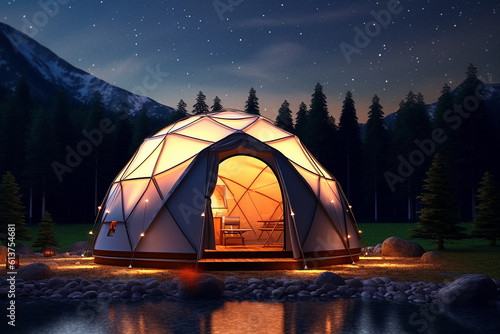 Dome Shaped Camping Tent with Modern Style and Beautiful Landscape for Relaxing at Night