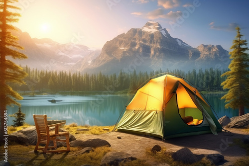 Camping Tent with Beautiful Lake Mountains Landscape View Relaxing Holiday Travel Adventure at Morning