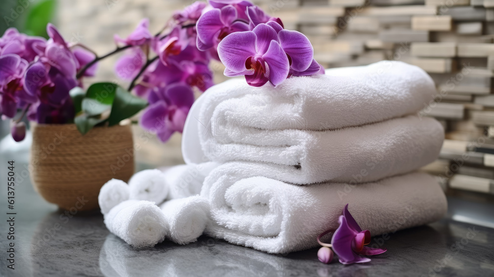 spa composition on massage, towels and stones, flowers Relaxation. Generative AI spa composition on massage, towels and stones, flowers Relaxation. Generative AI