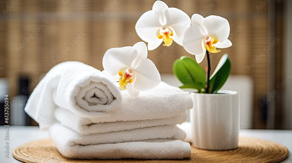 spa composition on massage, towels and stones, flowers Relaxation. Generative AI	