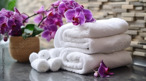 spa composition on massage, towels and stones, flowers Relaxation. Generative AI 