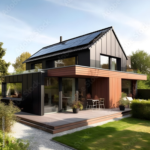 Modern suburban house with solar panels installed on its roof. The panels are sleek and black, seamlessly integrated into the design of the house. AI Generated, Generative AI