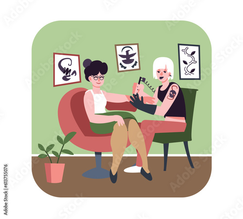 Young lady sitting on armchair in salon, tattoo artist working with needle machine, drawing tattoo. Drawing human body and tattooing process. Professional tattoo salon with sterile equipment. Vector