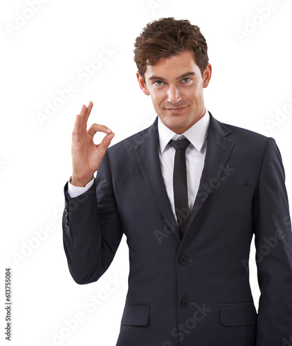 Business man, portrait and ok sign with professional style isolated on a transparent, png background. Corporate employee or young male person with hands or emoji sign for support, review or feedback