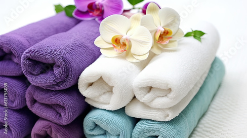 spa composition on massage, towels and stones, flowers Relaxation. Generative AI	