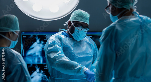 Photography Team of medical doctors performs surgical operation in modern operating room using high-tech technology