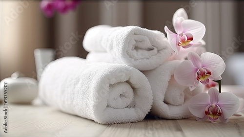 spa composition on massage, towels and stones, flowers Relaxation. Generative AI 