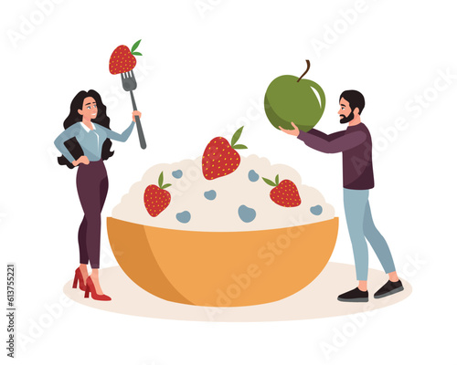 Colored cartoon couple of handsome people joining healthy balanced diet. Fruits and vegetables as sources of energy. Eating veggie food and vitamins. Vector