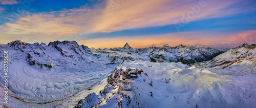 Panoramic of Matterhorn and swiss alps in Zermatt, Switzerland. Matterhorn at sunset.