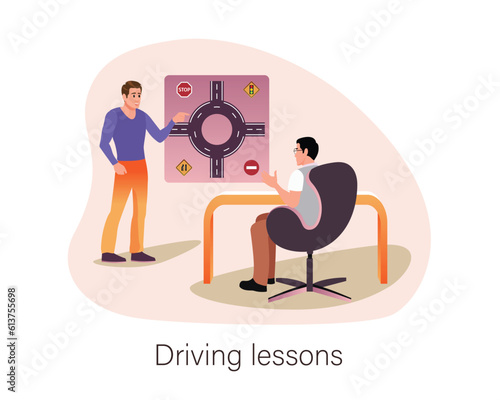 Cartoon men taking driving course. Instructor teaching road sign. Students passing exam successfully and getting driving licenses. Vector flat style illustration on white background