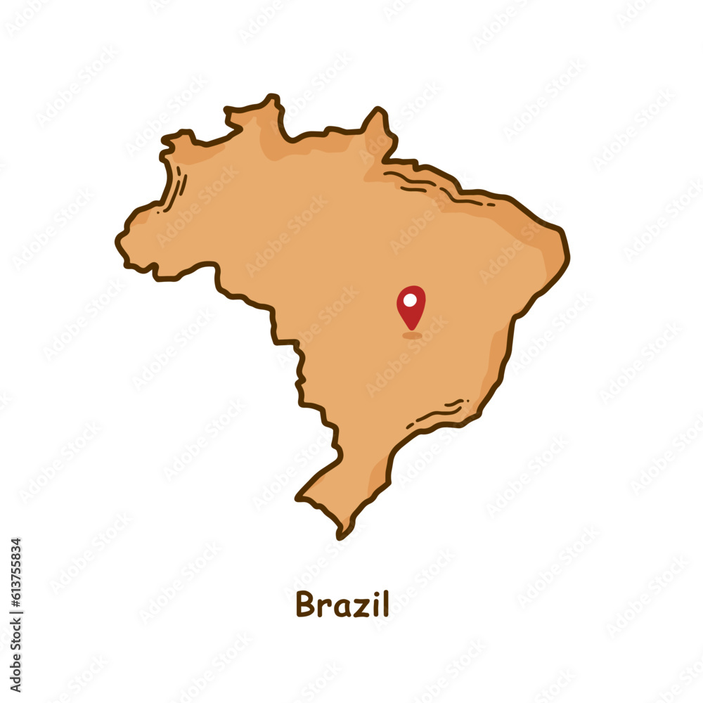 Hand Drawn Map of Brazil in Brown Color. Modern Simple Line Cartoon Design. Good Used for Infographics and Presentations - EPS 10 Vector
