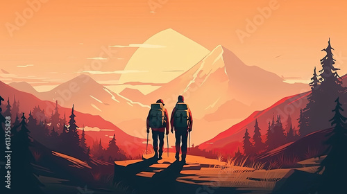 Hiking couple with backpacks in the mountains at sunset. © Barosanu