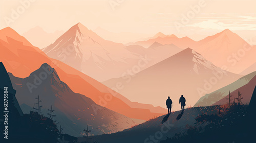Silhouette of two hikers in the mountains.