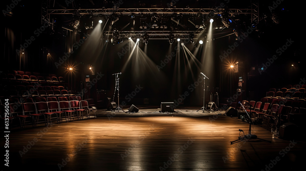 Stage lights and seats at a concert hall during a show or concert