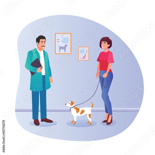 Cartoon positive girl dog owner talks to doctor. Professional doctors curing cute pets. Healthcare services for domestic animals. Process of examining puppy. Vector