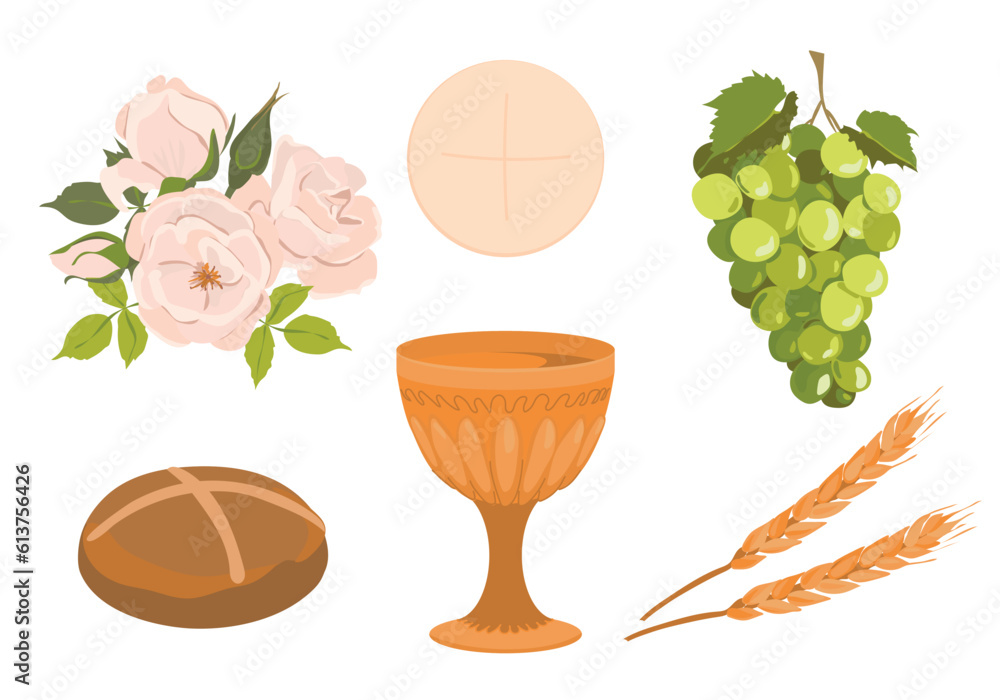 Elements of a catholic first communion. Vector set. Golden bowl for wine, bread, wine, grapes, white roses. Elements for beautiful invitation design. - obrazy, fototapety, plakaty 