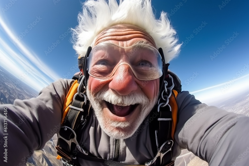 Old man or grandpa with gray beard and skydiving in the sky - theme fun, stay young, vital and fit - Generative AI Old man or grandpa with gray beard and skydiving in the sky - theme fun, stay young, vital and fit - Generative AI