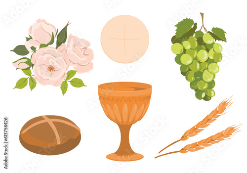 Elements of a catholic first communion. Vector set. Golden bowl for wine, bread, wine, grapes, white roses. Elements for beautiful invitation design.
