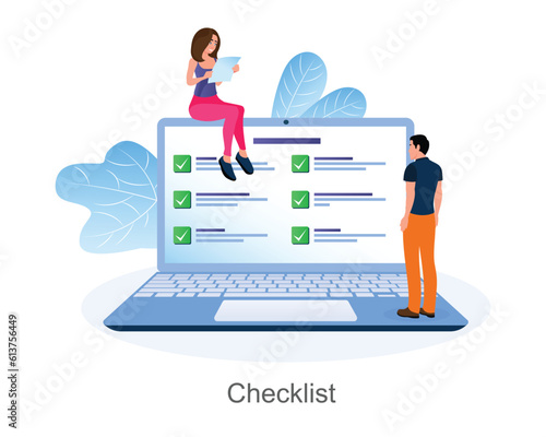 Cartoon guy and girl mark completed tasks through laptop computer. Process of developing effective time management strategy. Time for making calendar schedule. Vector