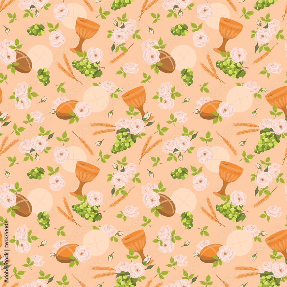 Seamless pattern with symbols of the Christian religion. holy communion elements - chalice, grapes, bread, ears of corn. Vector. Design for fabric, wallpaper, textile.