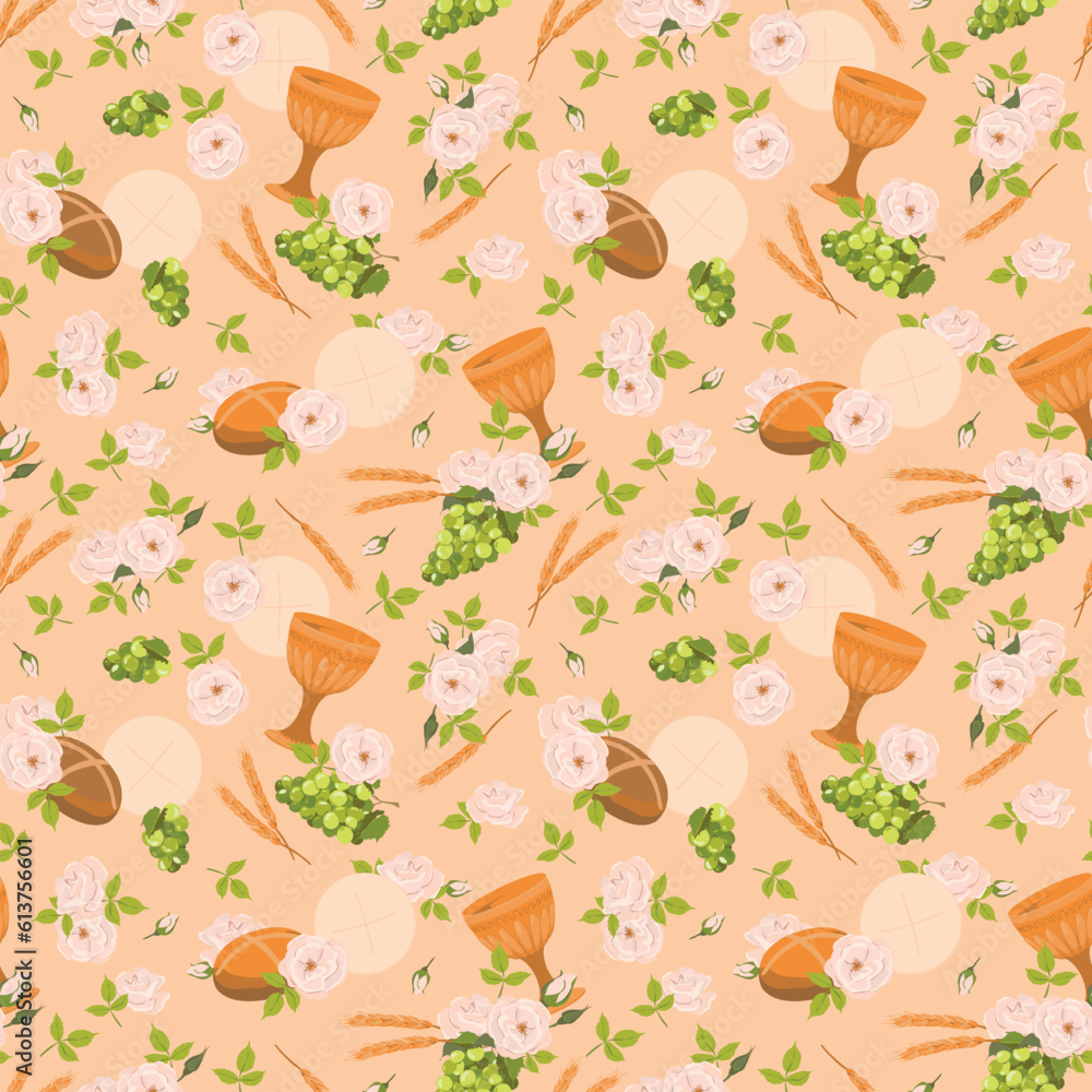 Seamless pattern with symbols of the Christian religion. holy communion elements - chalice, grapes, bread, ears of corn. Vector. Design for fabric, wallpaper, textile. Seamless pattern with symbols of the Christian religion. holy communion elements - chalice, grapes, bread, ears of corn. Vector. Design for fabric, wallpaper, textile.