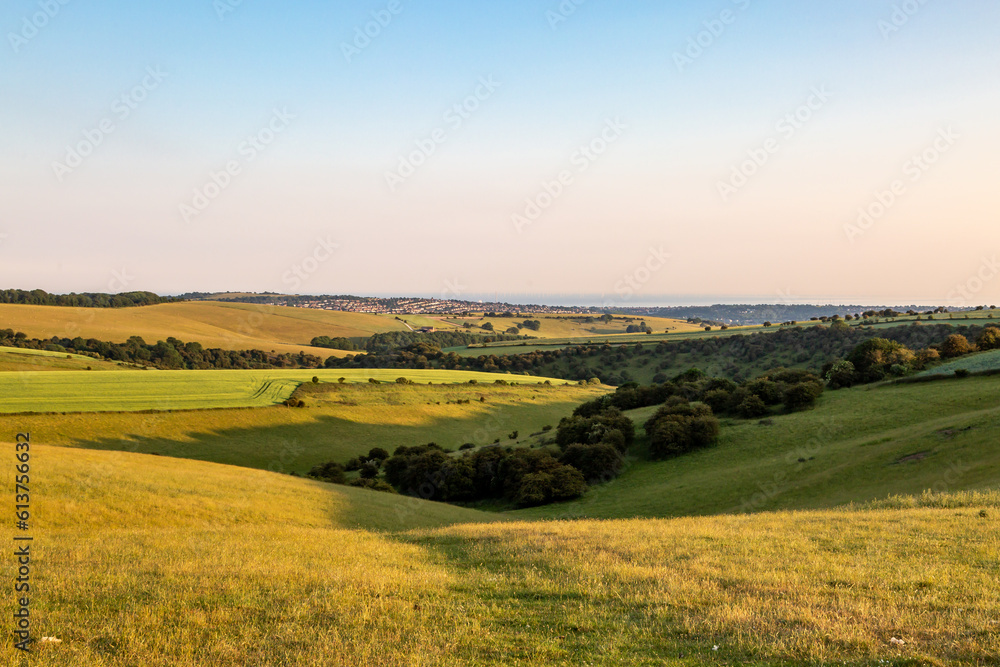 A view from Ditchling Beacon on the South Downs Way in Sussex, on a sunny summer's evening