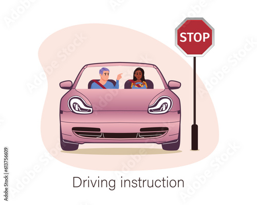 Multinational characters taking driving course. Instructor teaching road sign. Students passing exam successfully and getting driving licenses. Vector