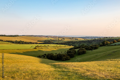 A view from Ditchling Beacon on the South Downs Way in Sussex  on a sunny summer s evening