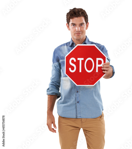 Stop, portrait and man with traffic sign isolated on a transparent png background. No, reject and warning symbol of person with signage in communication for caution, attention to danger and security. © Harsh Shrikant/peopleimages.com