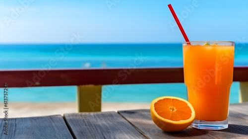 Fresh tropical fruits juice on sea and beach background. Generative AI
